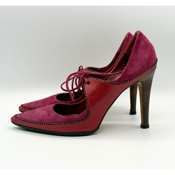 Manolo Blahnik Pink & Red Pointed Toe Heels Suede w/ Tie Accent Vintage Sz EU 37 - Picture 3 of 13